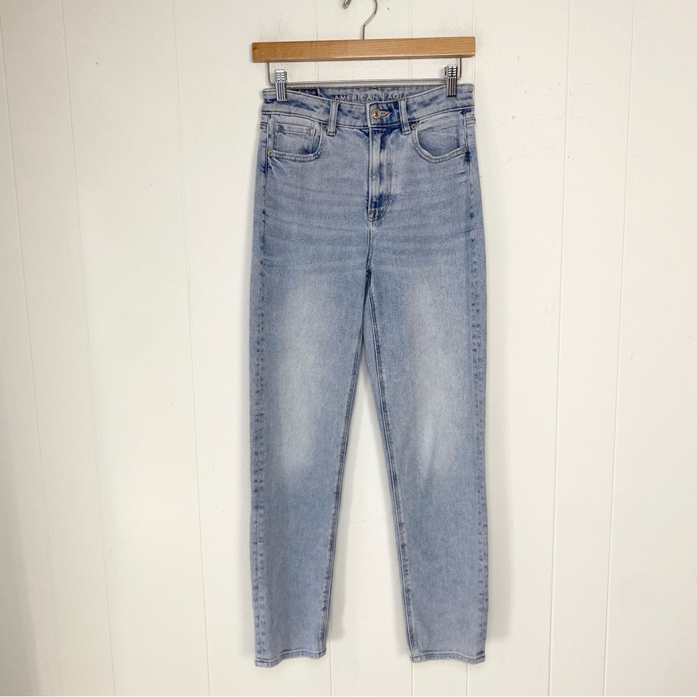 American Eagle Jeans Women's Size 0 Mom Straight Blue Denim Stretch‎ Light Wash